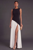 Round Neck Black and White A Line Long Formal Dress with Slit