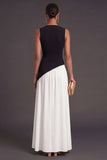Round Neck Black and White A Line Long Formal Dress with Slit