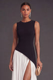 Round Neck Black and White A Line Long Formal Dress with Slit