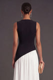 Round Neck Black and White A Line Long Formal Dress with Slit