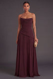 Burgundy A Line Strapless Long Formal Dress