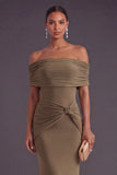 Khaki Mermaid Off the Shoulder Ruched Long Formal Dress