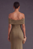 Khaki Mermaid Off the Shoulder Ruched Long Formal Dress