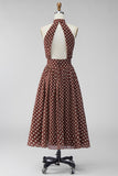 Coffee White Dots A-Line High Neck Keyhole Midi Formal Dress