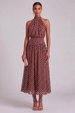 Coffee White Dots A-Line High Neck Keyhole Midi Formal Dress