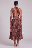 Coffee White Dots A-Line High Neck Keyhole Midi Formal Dress