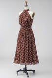 Coffee White Dots A-Line High Neck Keyhole Midi Formal Dress