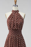 Coffee White Dots A-Line High Neck Keyhole Midi Formal Dress