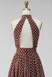Coffee White Dots A-Line High Neck Keyhole Midi Formal Dress