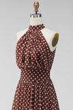 Coffee White Dots A-Line High Neck Keyhole Midi Formal Dress