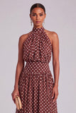 Coffee White Dots A-Line High Neck Keyhole Midi Formal Dress