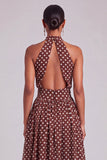 Coffee White Dots A-Line High Neck Keyhole Midi Formal Dress