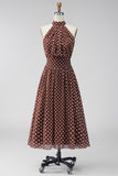 Coffee White Dots A-Line High Neck Keyhole Midi Formal Dress