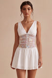 A Line Floral V Neck Little White Dress
