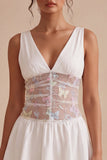 A Line Floral V Neck Little White Dress