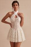 Ivory Lace Floral A Line Short Engagement Dress