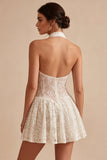 Ivory Lace Floral A Line Short Engagement Dress