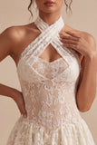 Ivory Lace Floral A Line Short Engagement Dress