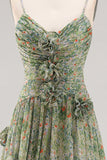 Sage Floral A-Line Spaghetti Straps Ruched Maxi Formal Dress with Ruffles