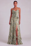 Sage Floral A-Line Spaghetti Straps Ruched Maxi Formal Dress with Ruffles