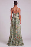 Sage Floral A-Line Spaghetti Straps Ruched Maxi Formal Dress with Ruffles