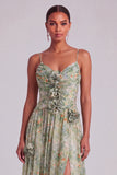 Sage Floral A-Line Spaghetti Straps Ruched Maxi Formal Dress with Ruffles