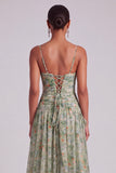 Sage Floral A-Line Spaghetti Straps Ruched Maxi Formal Dress with Ruffles