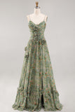 Sage Floral A-Line Spaghetti Straps Ruched Maxi Formal Dress with Ruffles