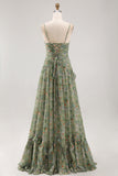 Sage Floral A-Line Spaghetti Straps Ruched Maxi Formal Dress with Ruffles