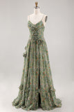 Sage Floral A-Line Spaghetti Straps Ruched Maxi Formal Dress with Ruffles