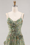 Sage Floral A-Line Spaghetti Straps Ruched Maxi Formal Dress with Ruffles