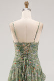 Sage Floral A-Line Spaghetti Straps Ruched Maxi Formal Dress with Ruffles