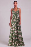 Green A-Line Halter Ruched Floral Long Formal Dress