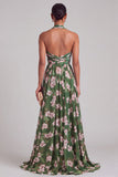 Green A-Line Halter Ruched Floral Long Formal Dress