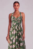 Green A-Line Halter Ruched Floral Long Formal Dress