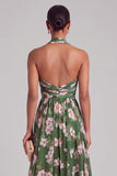 Green A-Line Halter Ruched Floral Long Formal Dress