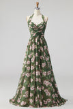 Green A-Line Halter Ruched Floral Long Formal Dress