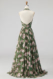 Green A-Line Halter Ruched Floral Long Formal Dress