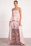 Floral Sparkly Light Pink Ruffled A Line Strapless Long Formal Dress