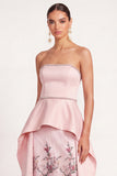 Floral Sparkly Light Pink Ruffled A Line Strapless Long Formal Dress