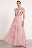 Light Pink Floral Ruffled A Line Illusion Round Neck Long Formal Dress