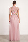 Light Pink Floral Ruffled A Line Illusion Round Neck Long Formal Dress