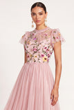 Light Pink Floral Ruffled A Line Illusion Round Neck Long Formal Dress