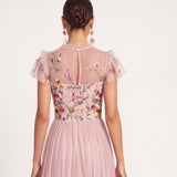 Light Pink Floral Ruffled A Line Illusion Round Neck Long Formal Dress