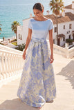 A Line Light Blue Floral Jacquard Long Wedding Guest Dress with Bow
