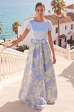 A Line Light Blue Floral Jacquard Long Wedding Guest Dress with Bow