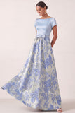 A Line Light Blue Floral Jacquard Long Wedding Guest Dress with Bow