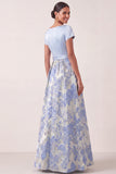 A Line Light Blue Floral Jacquard Long Wedding Guest Dress with Bow