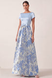 A Line Light Blue Floral Jacquard Long Wedding Guest Dress with Bow