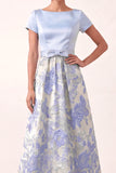 A Line Light Blue Floral Jacquard Long Wedding Guest Dress with Bow